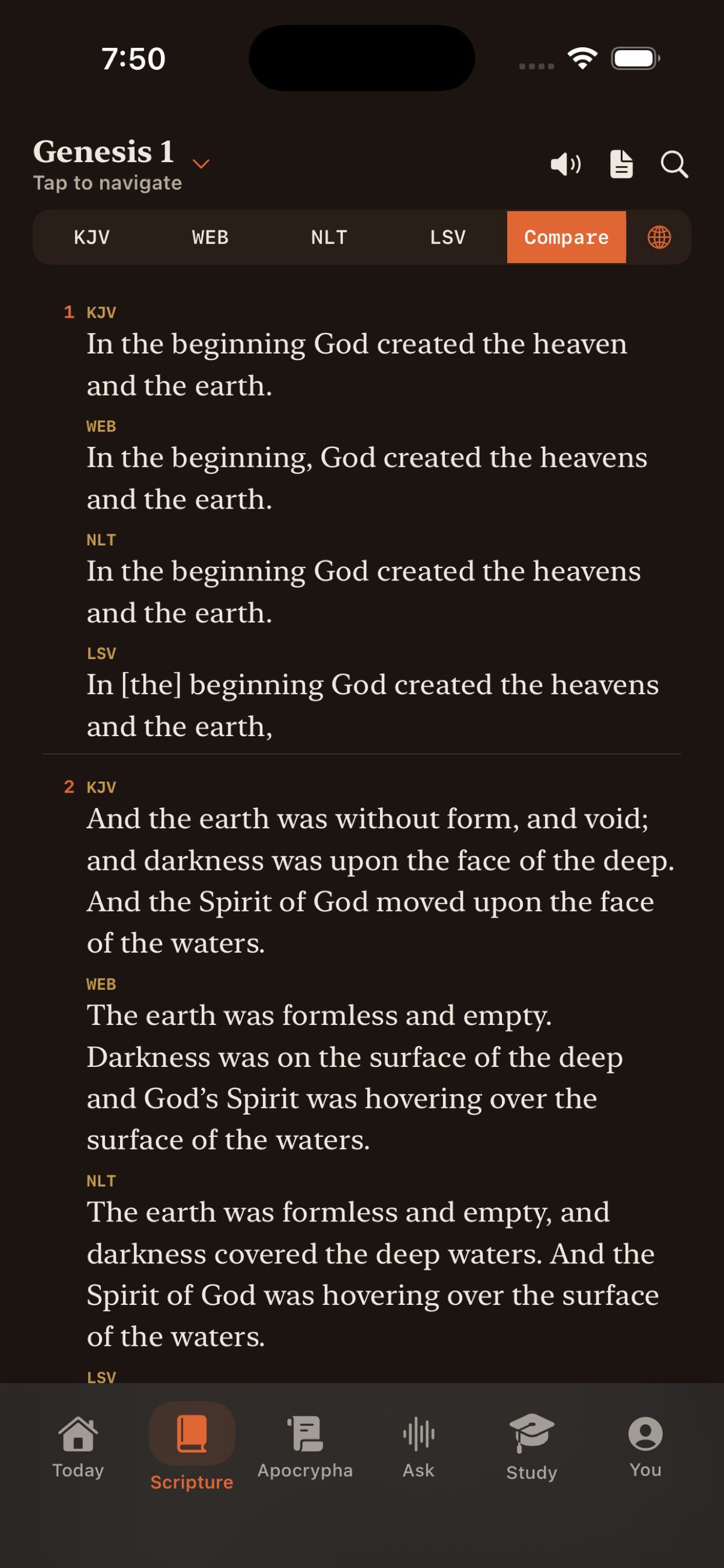 Four Bible translations compared side by side in Urtext