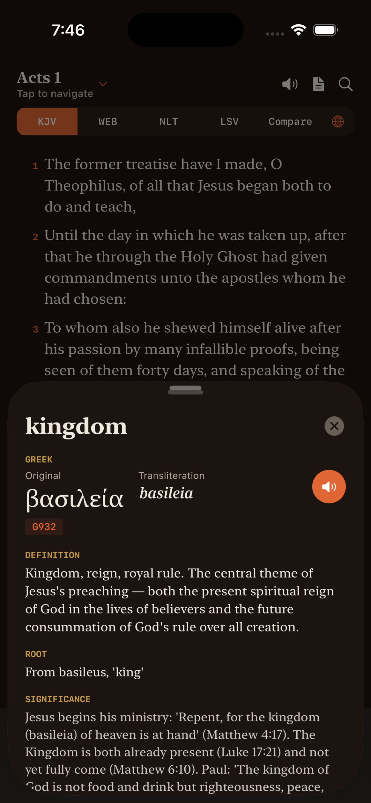 Tapping a word to reveal its Greek word study in Urtext